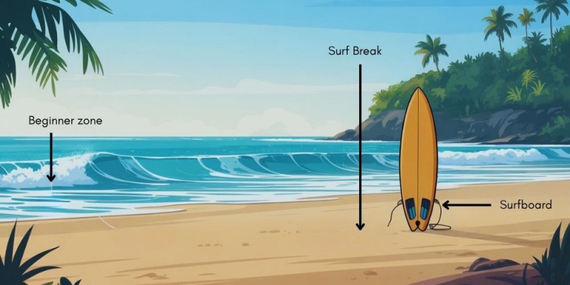 A labeled beach diagram showing the beginner zone, surf break, and a surfboard