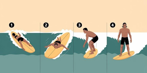 Step-by-step surfboard pop-up illustration showing a surfer paddling, pushing up, and standing on the board.